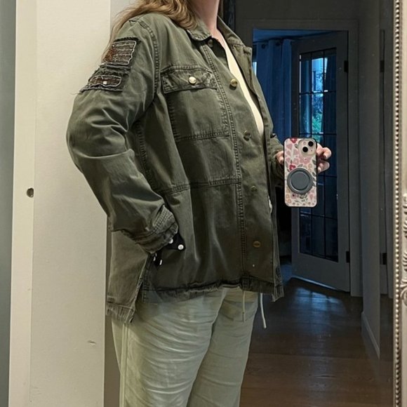 Nanette Lapore army green military style denim jacket with beaded crests - Picture 10 of 11